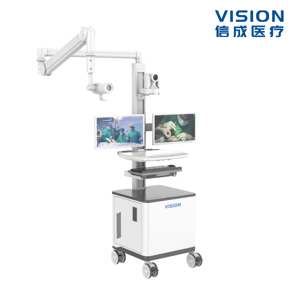 Remote Consultation & Teaching Cart (Dual Displays · Multi-Section Arm)